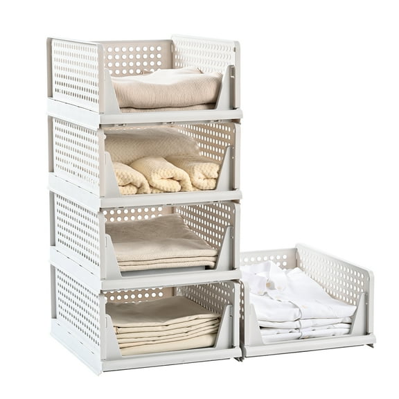 Stackable Plastic Storage Basket 5 Pack, Foldable Closet Organizers with Drawer Shelf Container for Wardrobe, Kitchen, Bathroom, Laundry Room - White