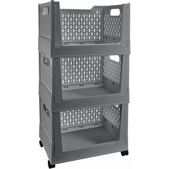 Stackable Plastic Storage Basket, Foldable Closet Organizers and Storage Bins with Wheels, Collapsible Drawer Shelf Storage Box Container for Office Bedroom Closet Wardrobe Kitchen Bathroom