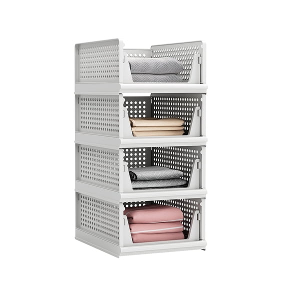 Stackable Plastic Storage Baskets 4 Pack, Foldable Closet Organizer Bins with Slide-Out Drawers, Multipurpose Storage Containers for Clothes, Toys in Living Room, Bathroom, Kitchen, Office, White