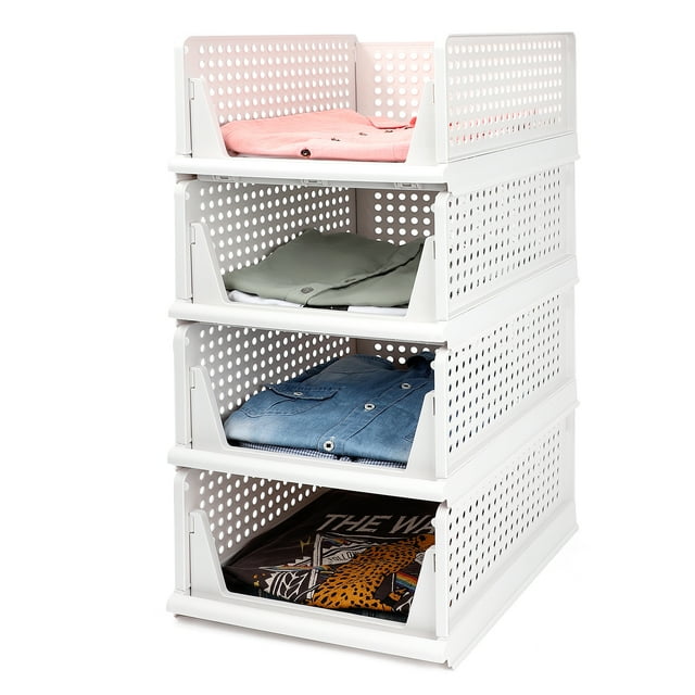 Stackable Plastic Storage Baskets, 4 Pack Wardrobe Clothes Organizer