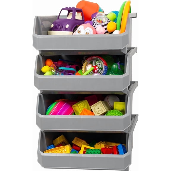 Stackable Plastic Storage Bins Extra Large 14.8 x 16.5 x 7 Inches 4 Pack Grey