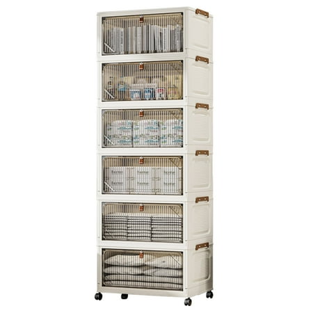 Karramlili 6-Tier Collapsible Storage Bins with Locking Wheels & Magnetic Doors, 23QT Anti-Tip Organizers with Side Latches, Foldable Plastic Stackable Bins for Closet/Bedroom/Dorm Room Organizing