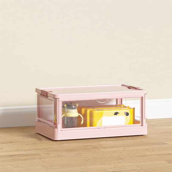 Stackable Plastic Storage Bins with Open Front Door | Folding Collapsible Organizer Box for Closet, Kitchen & Office | 19.6x11.8x8.66 Inch in White, Pink, Yellow, Blue