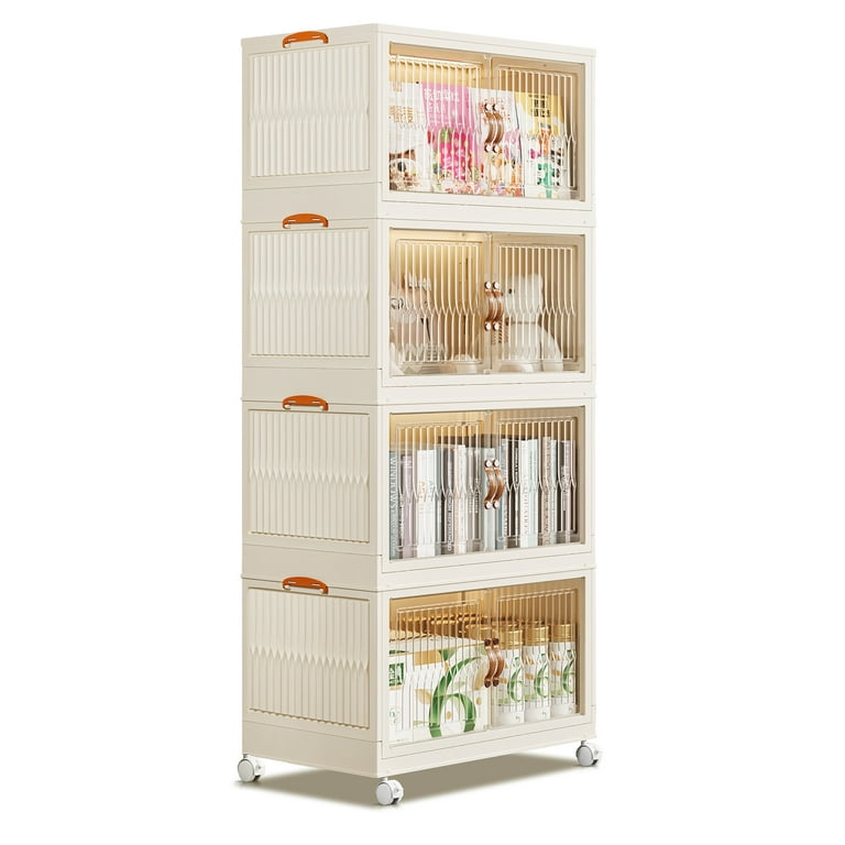 Folding Portable Cabinet Storage Bins Stackable Organizer Box with Caster  Wheels Collapsible Toy Storage with Double Door