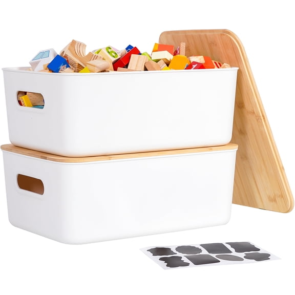 Stackable Plastic Storage Bins with Bamboo Lids 7QT Organizer Boxes with Handles for Desk Snacks and Toys 4 Pack 10"x7"x5.8"