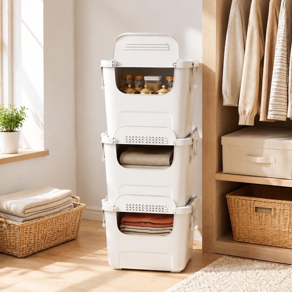 Stackable Plastic Storage Bins with Front Door, Side Handles, Lid, White, 3 Pieces, 32 Qt Each
