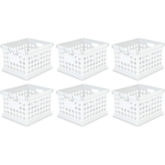 Stackable Plastic Storage Crate Bin Organizer File Box with Handles for Home, Office, Dorm, Garage, or Utility Organization, White, 6-Pack