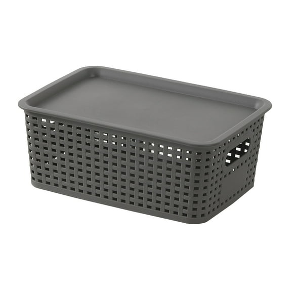 Stackable Plastic Woven Storage Basket with Lid, Durable Organizer for Toys, Books, and Sundries, Handle & Hollow Design for Home Office Workspace