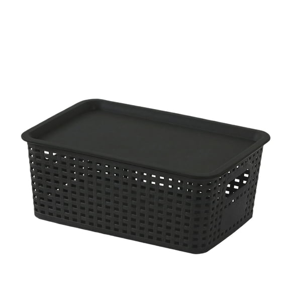 Stackable Plastic Woven Storage Basket with Lid for Home Office Organization Durable Hollow Design Bin for Books and Sundries, 1pc Black