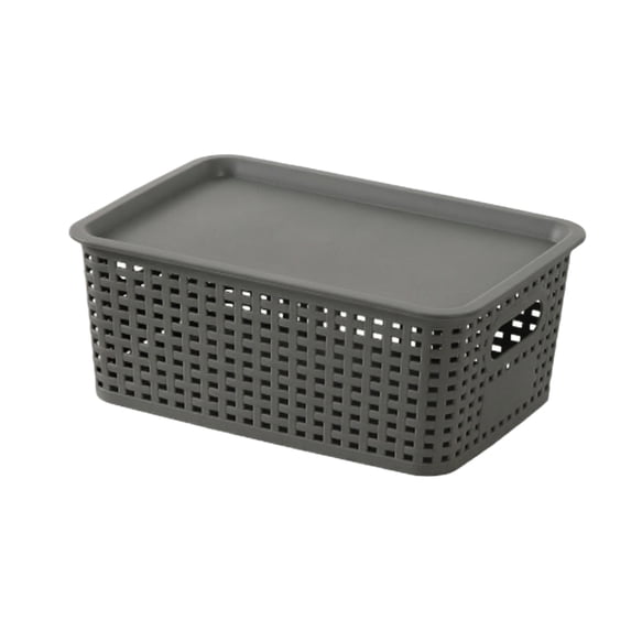 Stackable Plastic Woven Storage Basket with Lid for Home Office Organization Durable Hollow Design Bin for Books and Sundries, 1pc Gray
