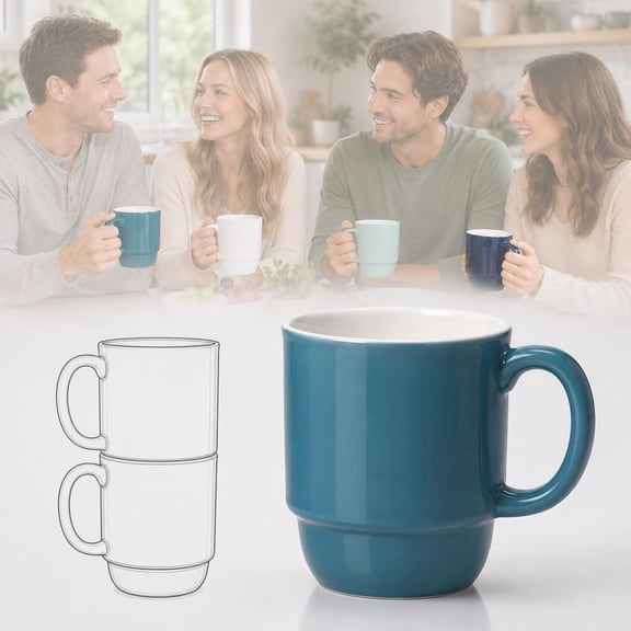 Stackable Porcelain Coffee Mug Set of 4 - 16oz Large Handle, Space-Saving Ceramic Mugs for Kitchen & Coffee Bar, Microwave & Dishwasher Safe o Modern
