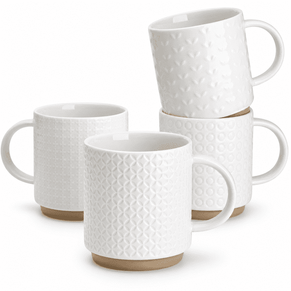 Stackable Porcelain Coffee Mugs Set of 4, 10 Oz White Embossed Design for Cappuccino Latte