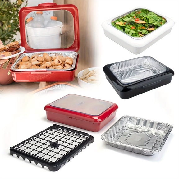 Stackable Portable Food Storage & Foil Pan Carrier Set | 2-in-1 Organizer with Lid for Picnics, BBQs, Parties | Durable Plastic & Aluminum Tray Holder | BPA-Free, Dishwasher Safe Food Containers