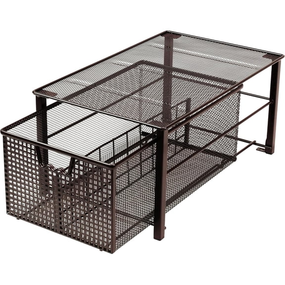 Stackable Pull Out Cabinet Sliding Basket with Dividers, Large, Bronze, Kitchen Storage Organizer, Space Saving Shelving Rack, Pantry Shelf Drawer Organizer