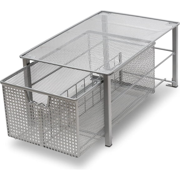 Stackable Pull Out Cabinet Sliding Basket with Dividers, Large, Bronze