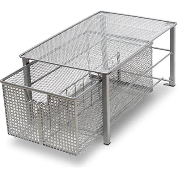 Stackable Pull Out Cabinet Sliding Basket with Dividers, Large, Silver