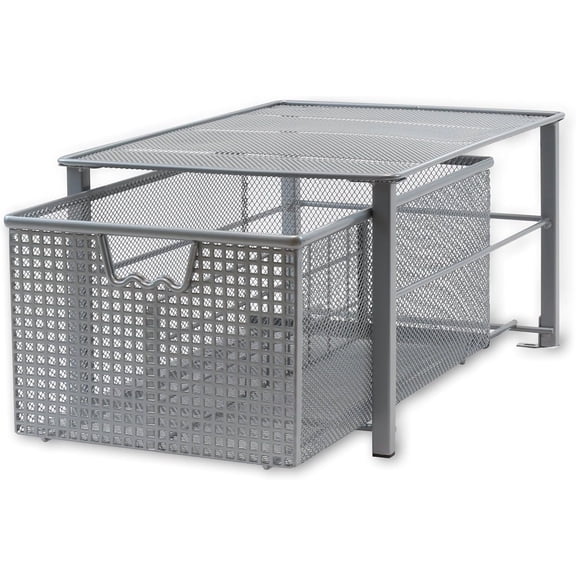 Stackable Pull Out Cabinet Sliding Basket with Dividers, Large, Silver
