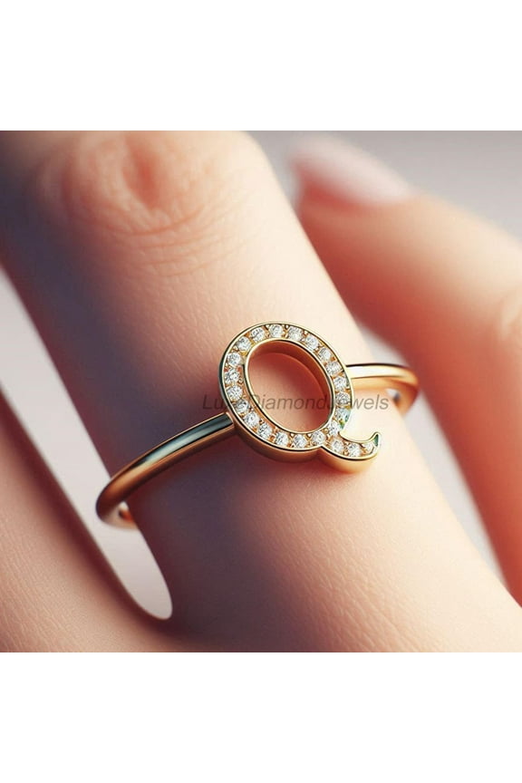 Stackable Q Letter Ring, Alphabet Diamond Ring, Custom Q Initial Ring, Q Letter Jewelry, Dainty Q Initial Ring, Pave Set Diamond Ring