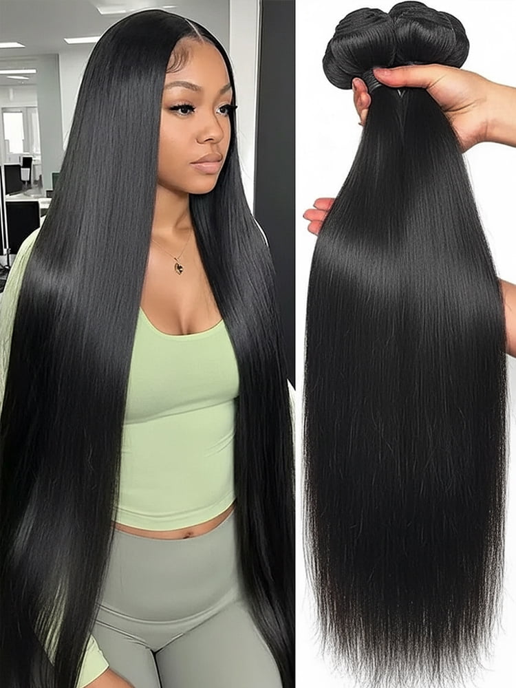 Stackable Real Human Hair 36 Bone Straight Raw Hair Human Hair Bundles Extensions 3 4 Bundle Brazilian Remy Weave Bundles 40 Inch, Black | Typpkmm