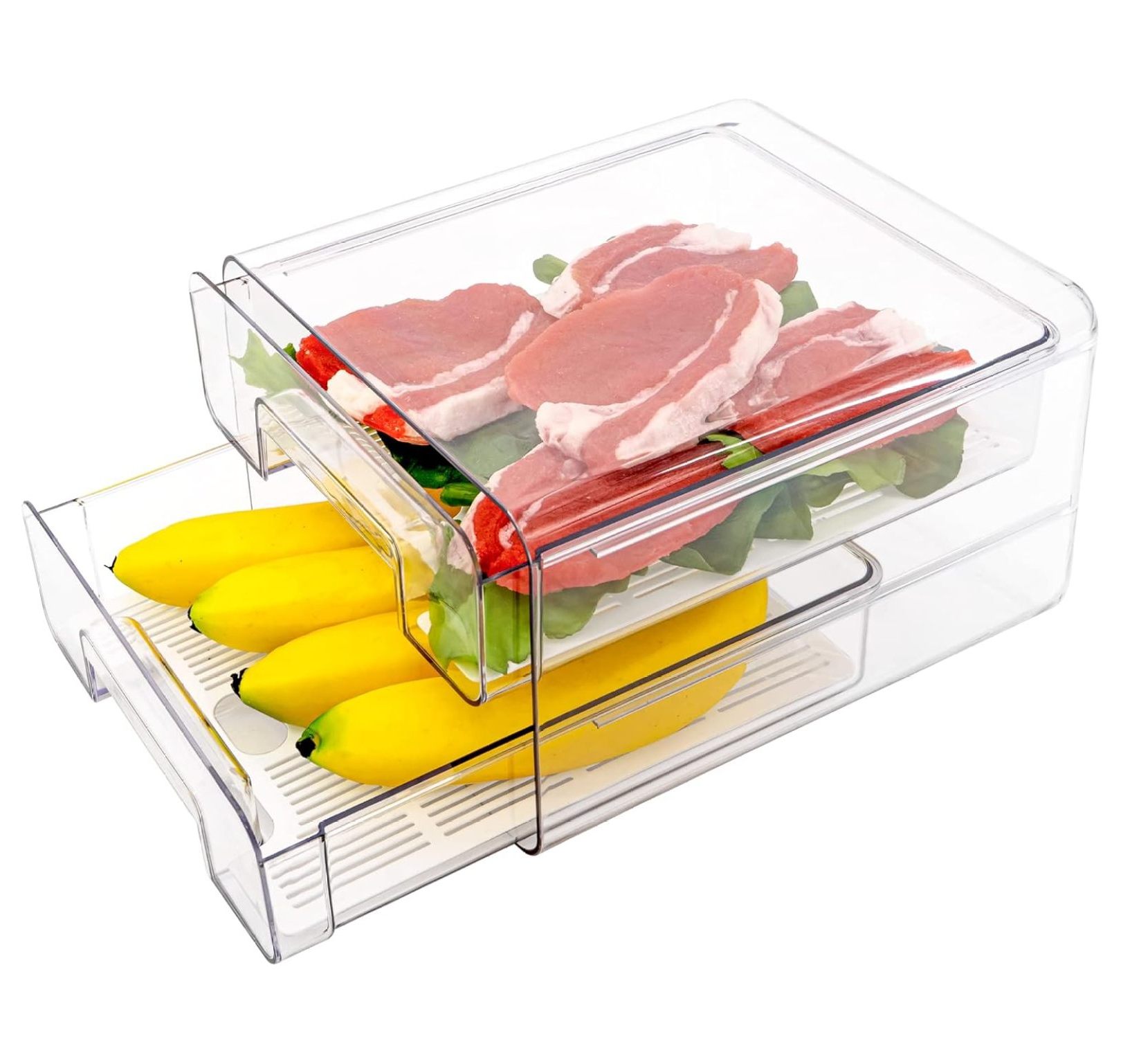 Stackable Refrigerator Drawers Pull Out Bins Double Layer Fridge