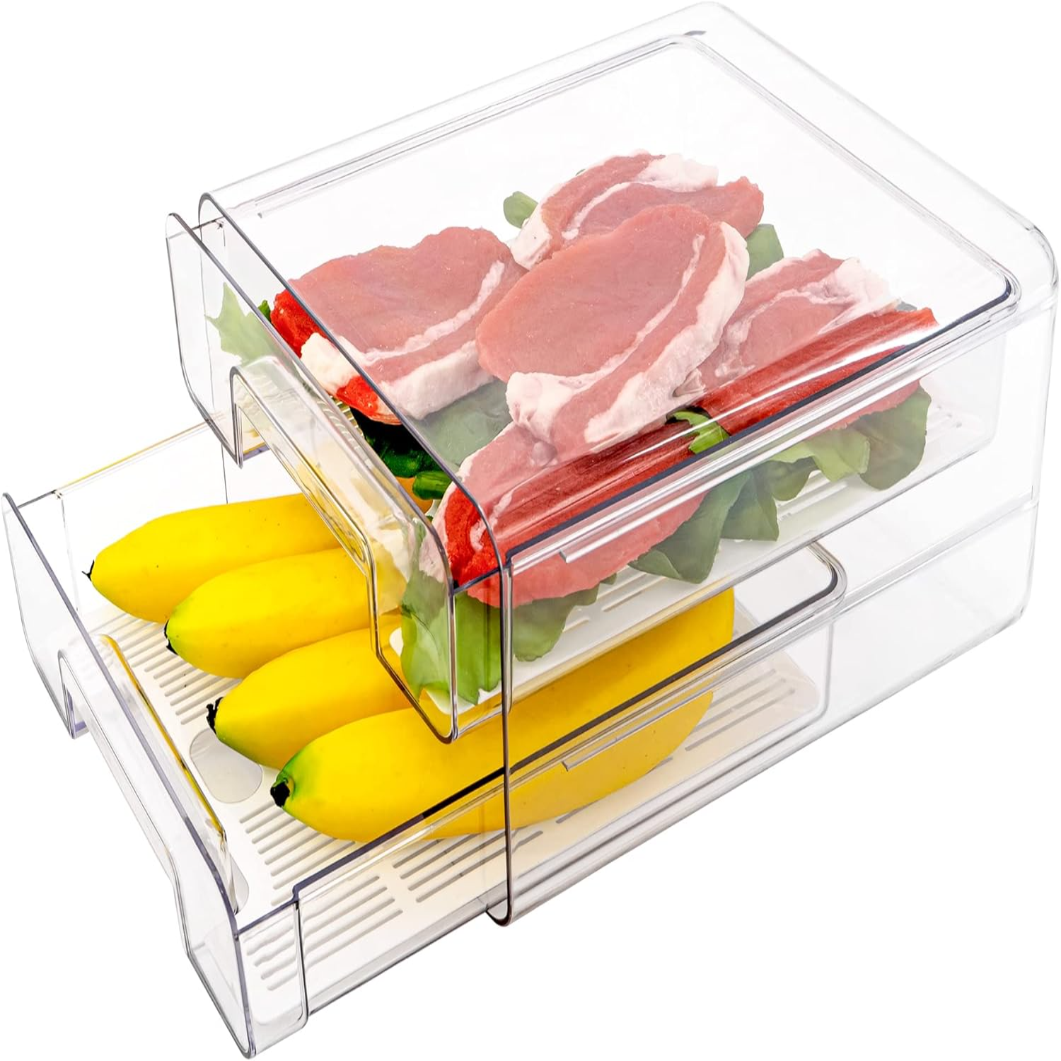 Stackable Refrigerator Drawers Pull Out Bins Double Layer Fridge