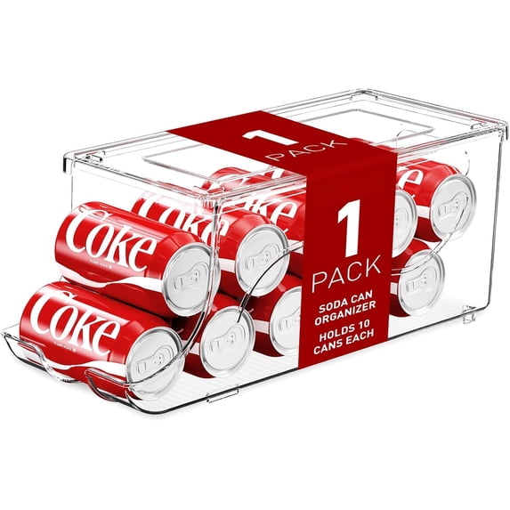 Stackable Refrigerator Organizer, Soda Can Dispenser Pop Cans Container Beverage Holder with Lid for Fridge, Freezer, Kitchen, Clear Plastic Storage Bins-Holds 10 Cans Each (One)