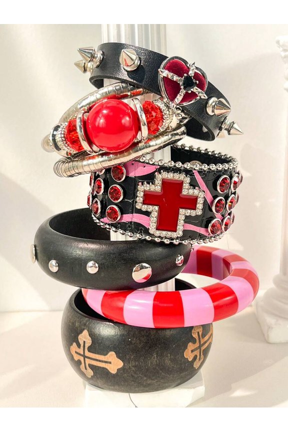 Stackable Resin Bangle Set E: Black Pink Red With Crosses & Studs