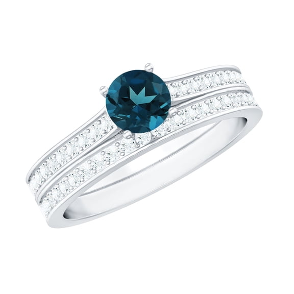 Rosec Jewels London Blue Topaz Wedding Bridal Ring Set - AAA Quality - Classic Blue Topaz Diamond Engagement Ring with Band, 925 Sterling Silver, US 4.00