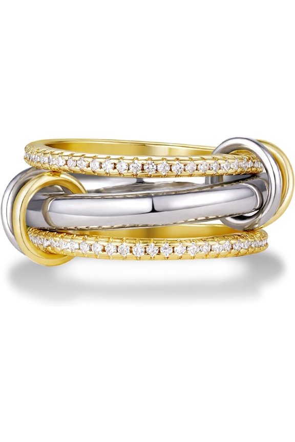 Stackable Rings for Women, 14k Gold Plate Interlocked Multi Ring Set Dainty Pave CZ Personalized Fashion Two-Toned Mixed Metals Stacking Jewelry Trendy Statement Gift
