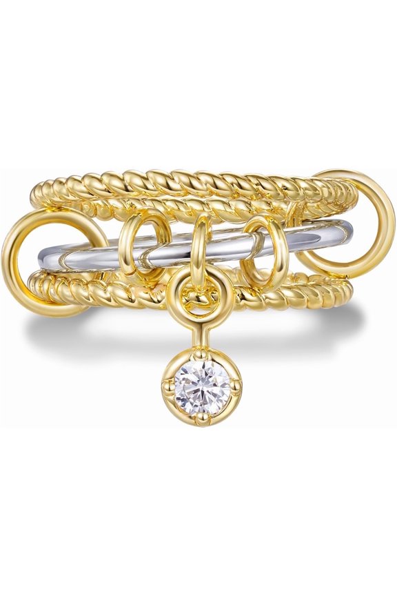 Stackable Rings for Women, 14k Gold Plate Interlocked Multi Ring Set Dainty Pave CZ Personalized Fashion Two-Toned Mixed Metals Stacking Jewelry Trendy Statement Gift