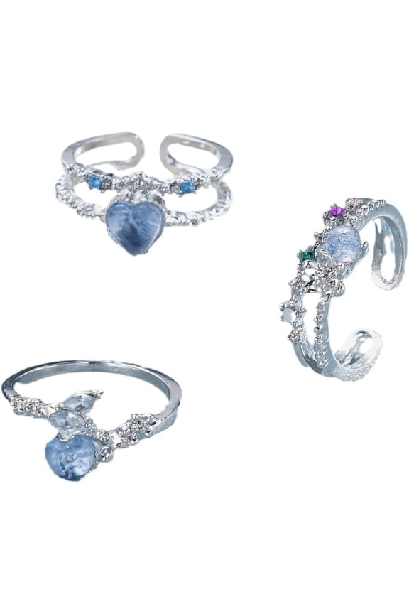 Stackable Rings for Women Trendy Dainty Silver Plated Cubic Zirconia 3 Rings Set Statement Blue Heart-Shaped Love Friendship Promise Engagement Rings Size Adjustable