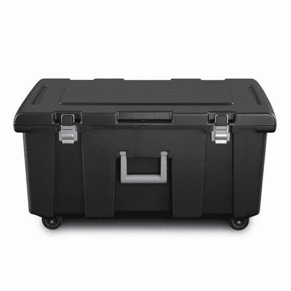 Stackable Rolling Storage Bin with Latching Lid, Wheels and Handle, Heavy-Duty Plastic Footlocker for Basement Organization, Black, 1-Pack
