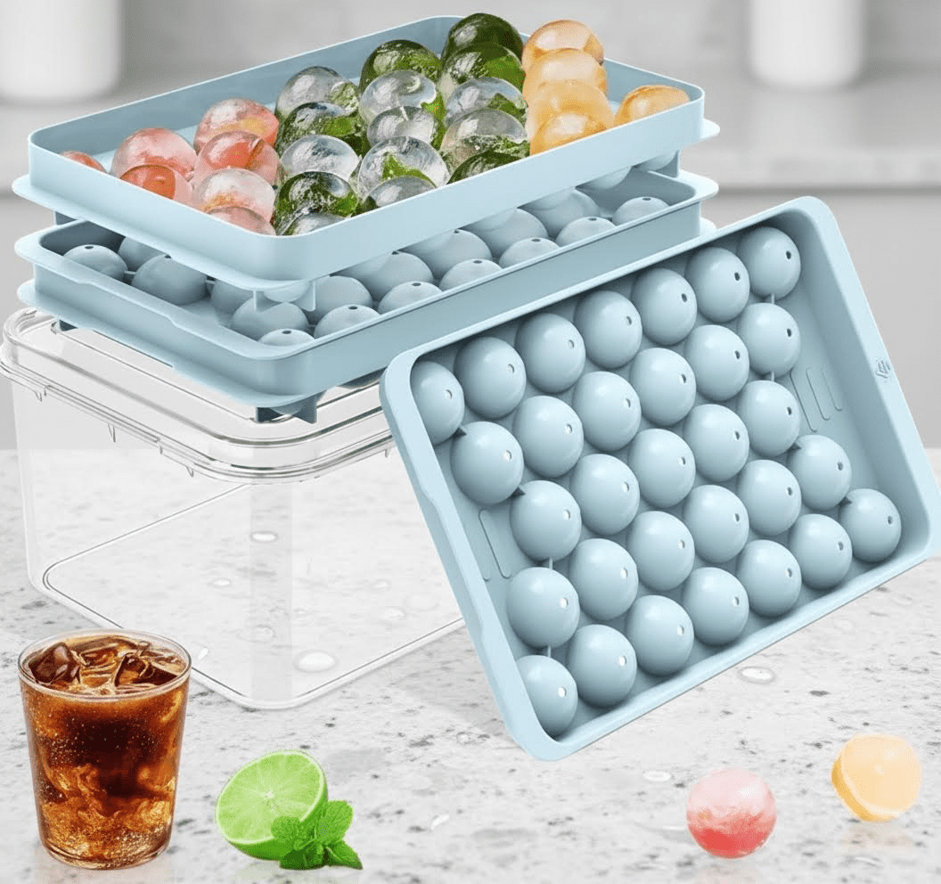 Stackable Round Ice Cube Tray with Lid and Bin - BPA-Free Food Grade Ice Ball Maker Mold for Freezer, Perfect for Cocktails, Whiskey, Coffee, and All Beverages