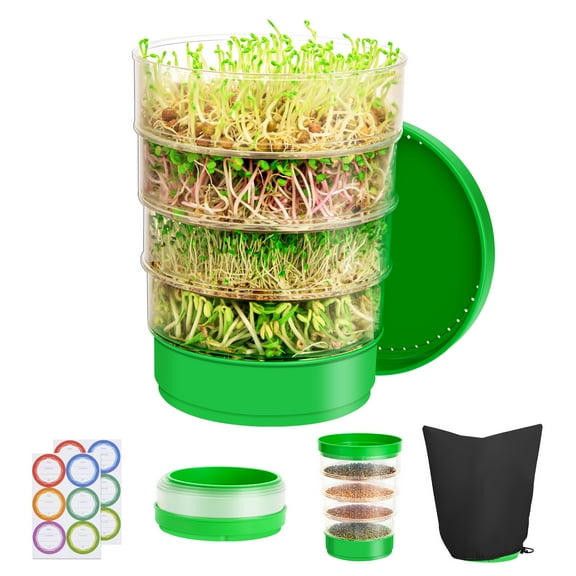 Stackable Seed Sprouting Kit, 4-Tier Microgreens Growing Kit with Drain Holes and Drain Tray, Fresh Organic Bean Seed Sprouter Tray, Soil-Free Sprouter Tray for Beans Alfalfa Seeds