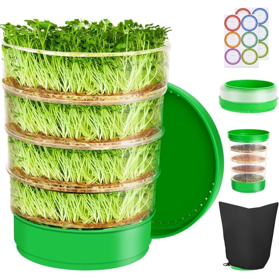 Stackable Seed Sprouting Kit, 4-Tier Microgreens Growing Kit with Drain Holes and Tray, Fresh Organic Bean Sprouter Soil-Free Tray for Beans Alfalfa Seeds