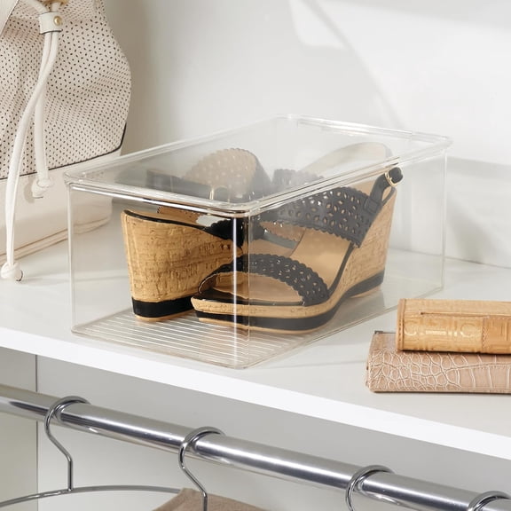 Stackable Shoe Box with Hinged-Lid for Wedges or Sandals, Set of 4, Clear, Made in USA