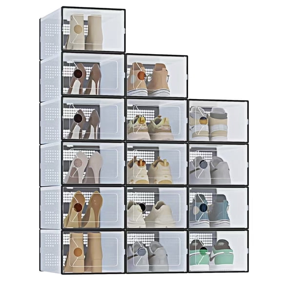 Stackable Shoe Boxes (15-Pack) | Clear Plastic Shoe Organizers with Lids | Versatile Sneaker Storage Containers for Closet, Under Bed, Display or Entryway