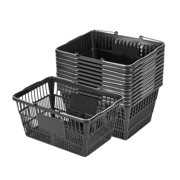 Stackable Shopping Baskets 12-Pack, 21L Plastic Grocery Baskets with Handles, Heavy Duty PE, Portable Retail Baskets for Grocery Stores, Home, Black