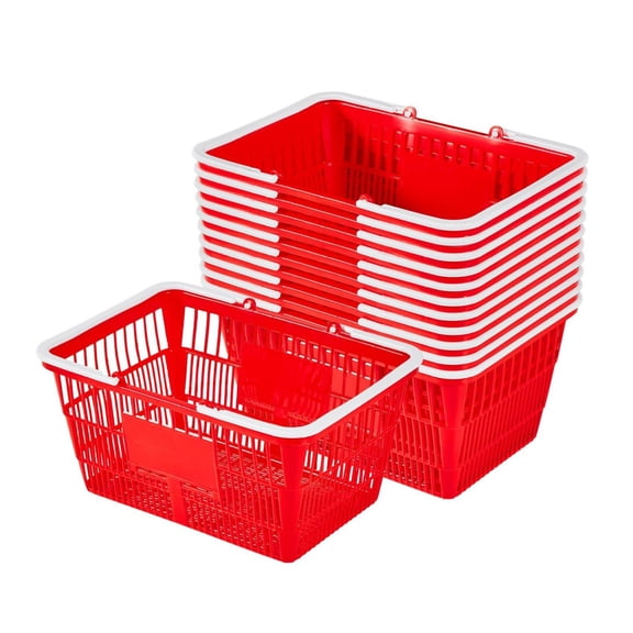 Stackable Shopping Baskets 12-Pack - 21L Plastic Grocery Baskets with Handles - Red, Durable PE for Retail, Home, Supermarket Use