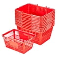 thumbnail image 1 of Shopping Baskets, 12 PCS, 21L Stackable PE Plastic Grocery Baskets with Metal Handles, Dense Mesh Structure, Holds up to 20 lbs, Portable for Grocery, Retail, Stores, Supermarket, Home Use, Red, 1 of 11