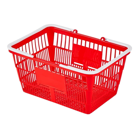 Stackable Shopping Baskets 4-Pack, 21L PE Plastic Grocery Baskets with Handles, Red, Heavy Duty 20lbs Capacity, Retail Store & Home Use