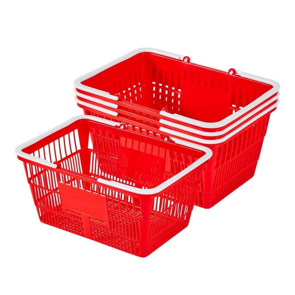 Stackable Shopping Baskets 4-Pack, 21L Plastic Grocery Baskets with Handles, Red - Portable Retail Store Baskets, Supermarket Baskets for Home & Grocery Use