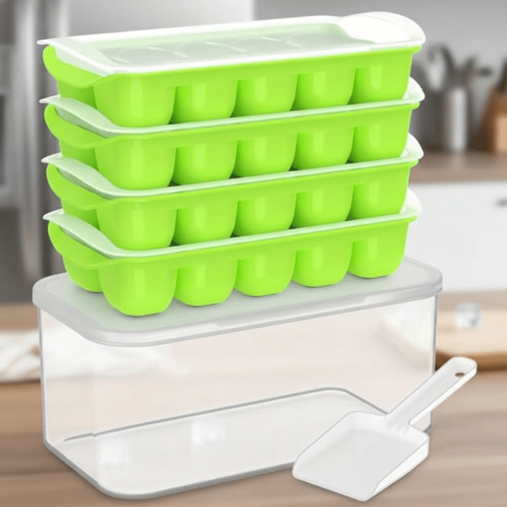Stackable Silicone Ice Cube Trays with Lid and Storage Bin, 4-Pack Easy Release Freezer Trays for Cocktails, Coffee, Soups, BPA-Free Kitchen and RV Essentials