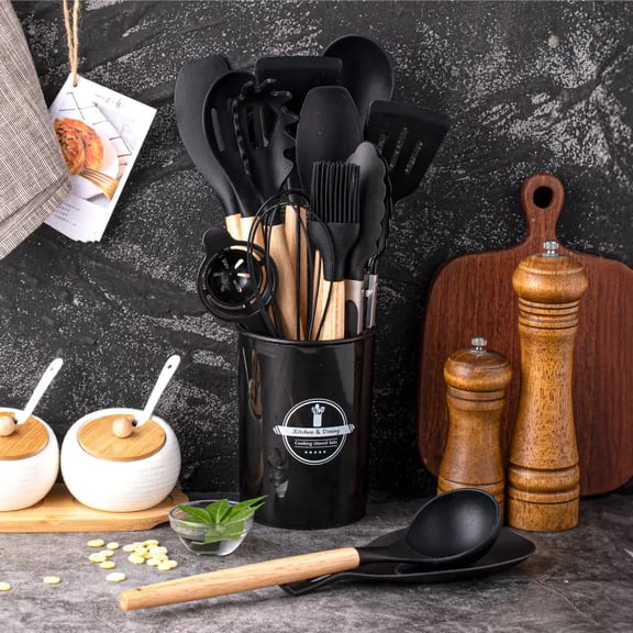 Stackable Silicone Utensil Set with Plastic Holder 14pcs  Typpkmm