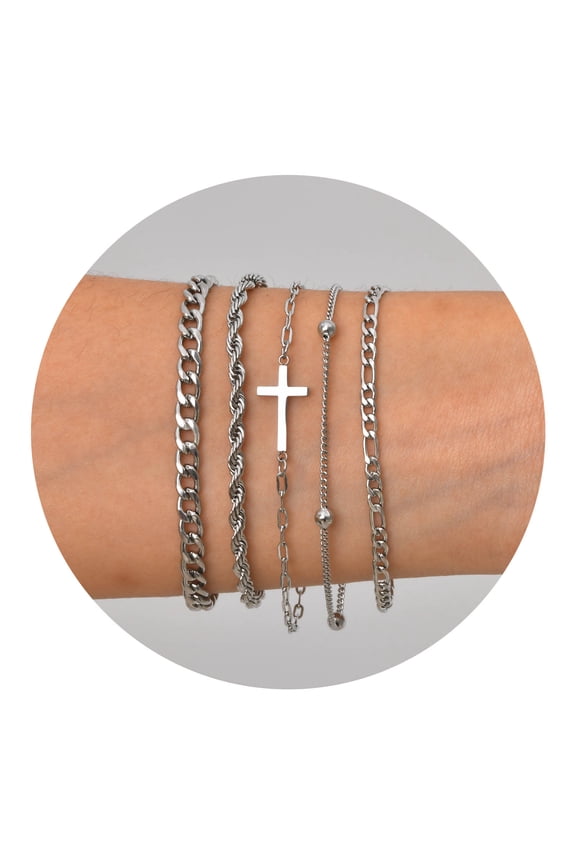 Stackable Silver Cross Bracelets for Women, Snake Cuban Chain Layered Bracelet, Christian Bracelet 5 Pack Womens Trendy Jewelry Gifts for Her Mom Girlfriend Wife
