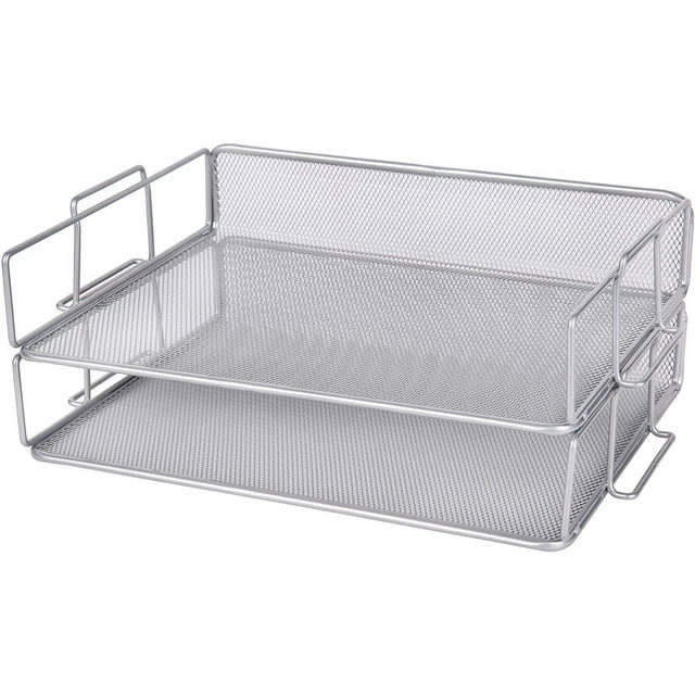 Stackable Silver Letter Tray, 2-Piece Metal Grid, Office/School Organizer, 34x24x6.5cm, 1 Set