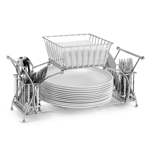 Stackable Silver Metal Utensil Caddy With Napkin Basket And Plate Holder