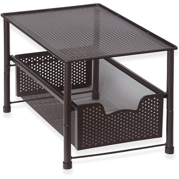 Stackable Under Sink Cabinet Sliding Basket Organizer Drawer, Bronze Finish, Space-Saving Kitchen Storage Solution, Easy Slide Out, Durable Metal Wire Basket Organizer