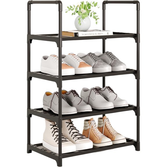 Stackable Small Shoe Rack, 4-Tier Shoe Shelf Storage Organizer with Handle for Entryway, Hallway and Closet