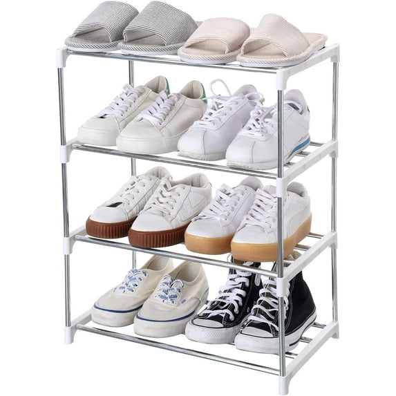 Stackable Small Shoe Rack, Entryway, Hallway and Closet Space Saving Storage and Organization (4-Tier, White)